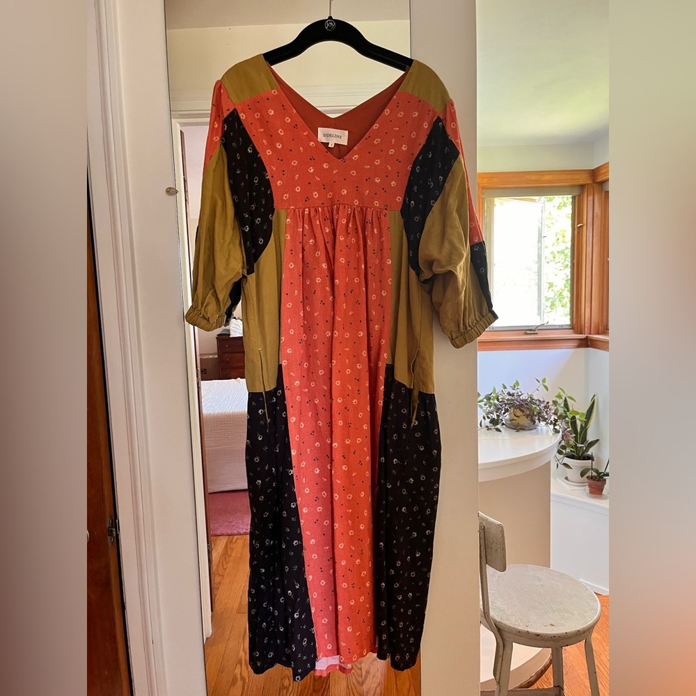 Sideline UK Annie dress patchwork orange black green slow fashion dress S M EEUC